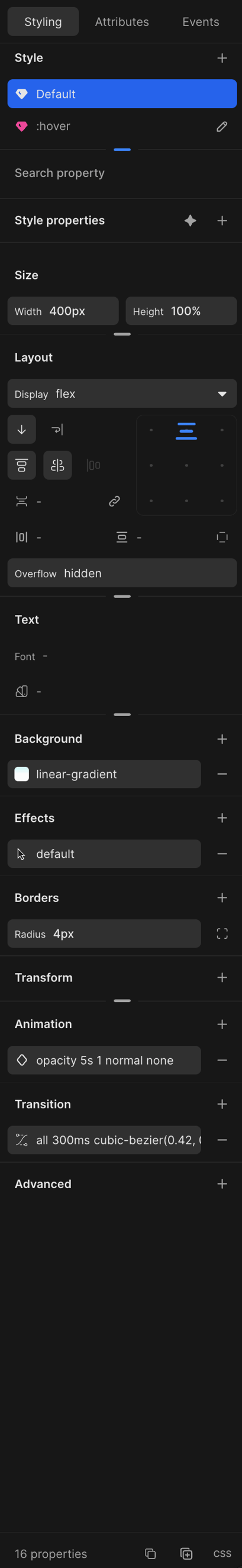 Right panel containing Nordcraft app's CSS, Attributes and Events