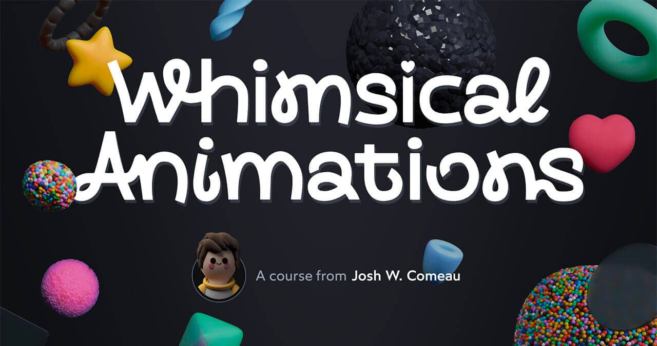 Whimsical Animations in a curly font, surrounded by cute skeuomorphic images of stars, hearts, hoops, and Josh's cure avatar.